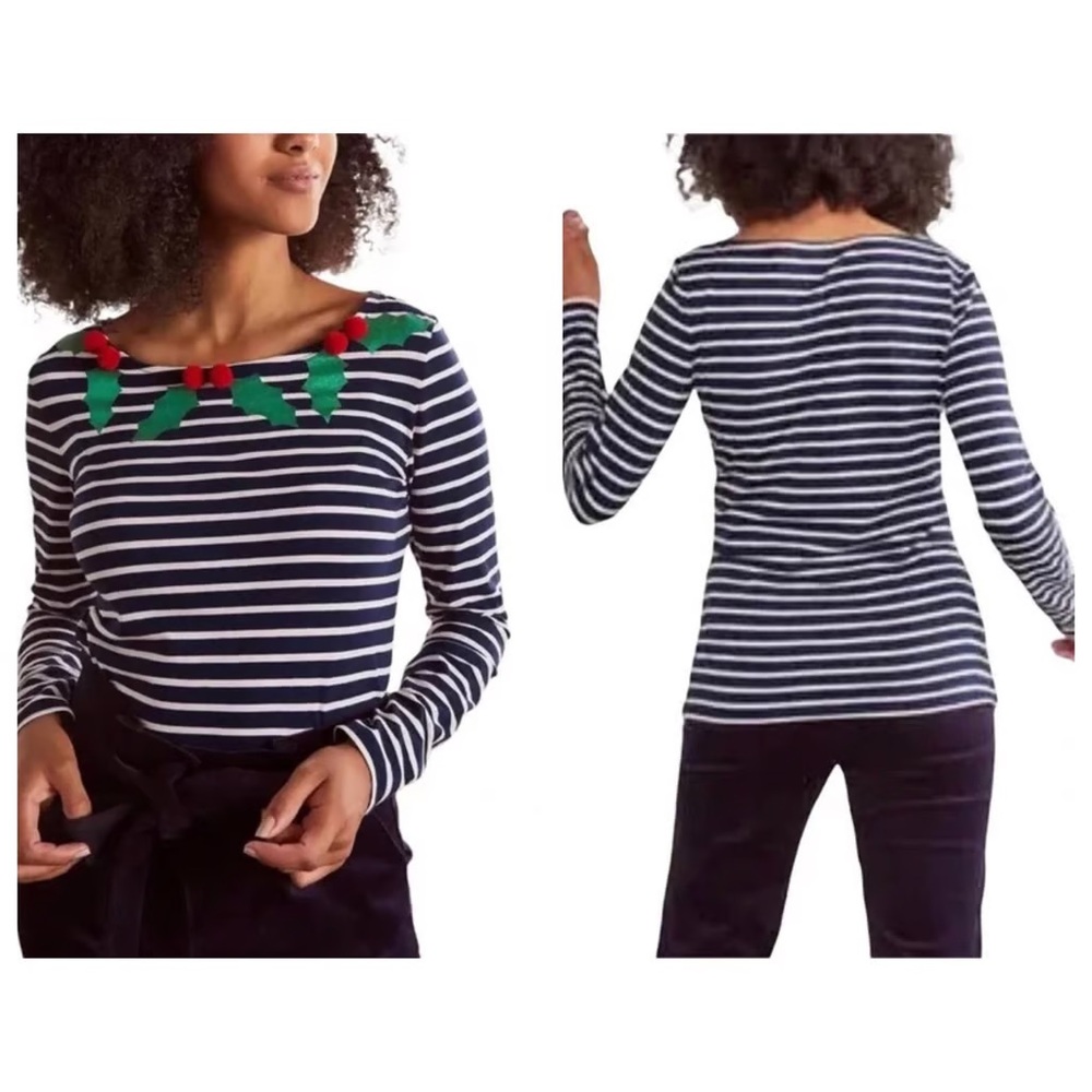 Navy Striped Boden Breton Women's Top with Holly Accents